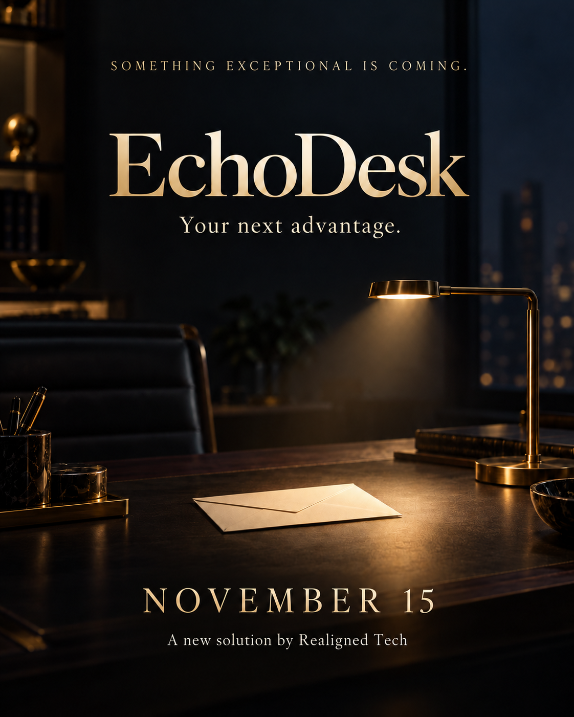 EchoDesk. Your next advantage. A softly lit charcoal office, a warm gold desk lamp and a sealed envelope. November 15. A new solution by Realigned Tech.